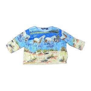 Take Two Womens L Horse Sequin Western Rodeo 3/4 Sleeve Shirt Art To Wear